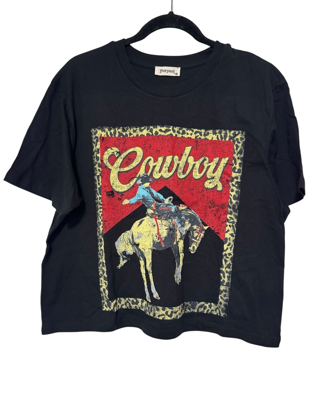 FORYERI Cowboy Graphic Faux Crop Tee Black Western Rodeo Cheetah Sz Large